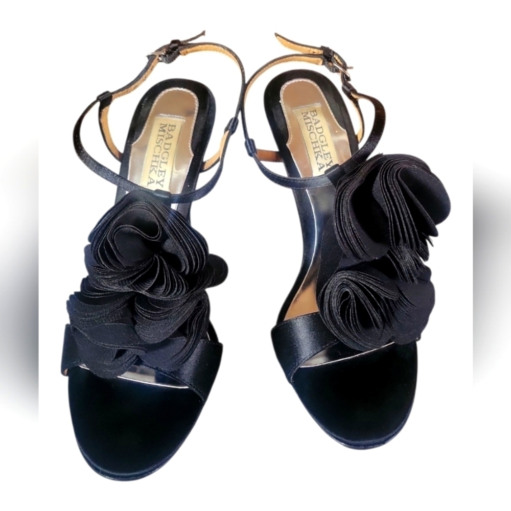 Badgley Mischka Women's Rose Petals Holiday Randee Black Satin Sandals 6 1/2 M